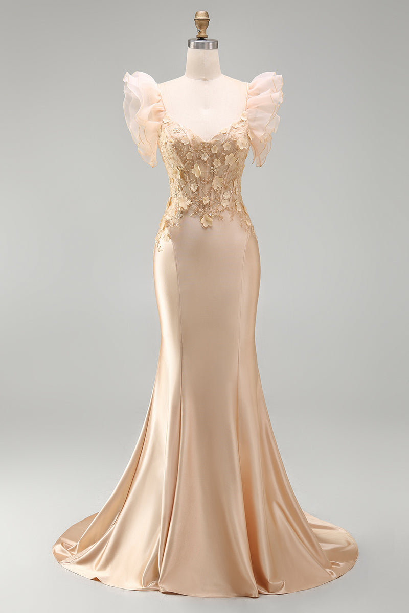 Load image into Gallery viewer, Blush Mermaid Corset V-Neck Floral Long Prom Dress with Ruffles