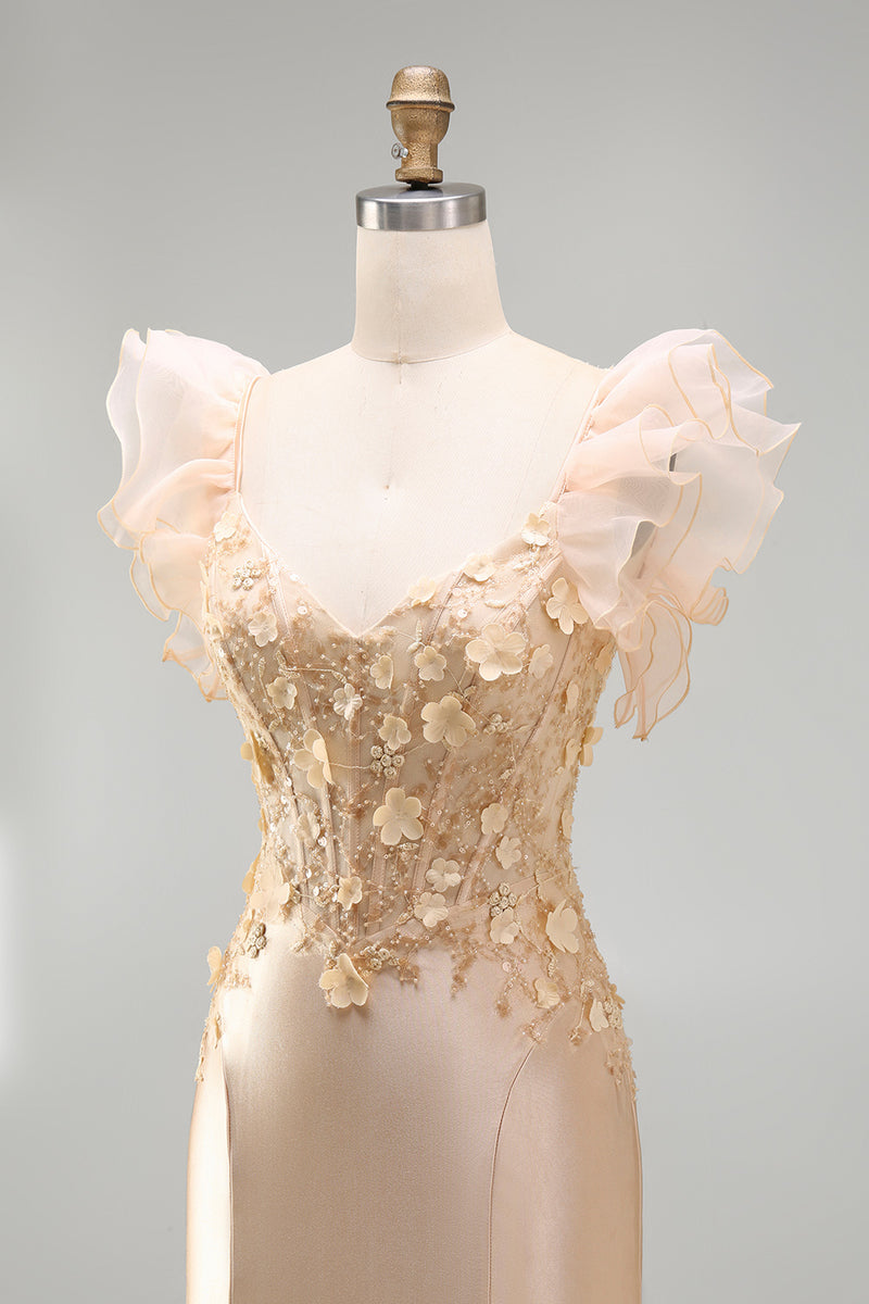 Load image into Gallery viewer, Blush Mermaid Corset V-Neck Floral Long Prom Dress with Ruffles
