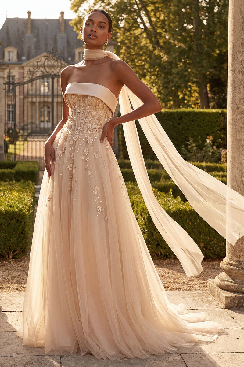 Load image into Gallery viewer, Floral Strapless A Line Corset Blush Neck Scarf Long Prom Dress