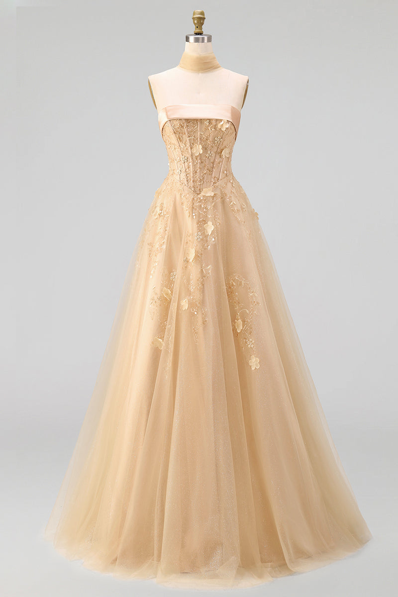 Load image into Gallery viewer, Floral Strapless A Line Corset Blush Neck Scarf Long Prom Dress