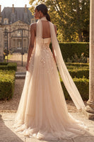 Load image into Gallery viewer, Floral Strapless A Line Corset Blush Neck Scarf Long Prom Dress