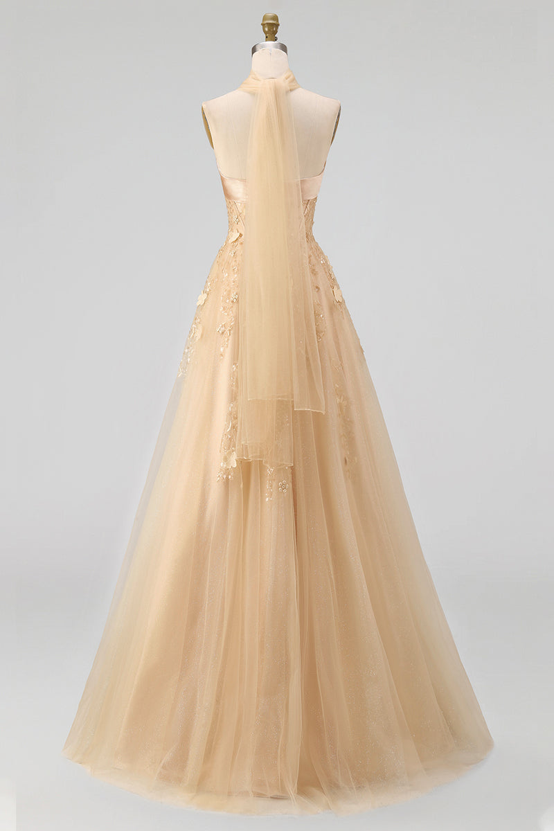 Load image into Gallery viewer, Floral Strapless A Line Corset Blush Neck Scarf Long Prom Dress