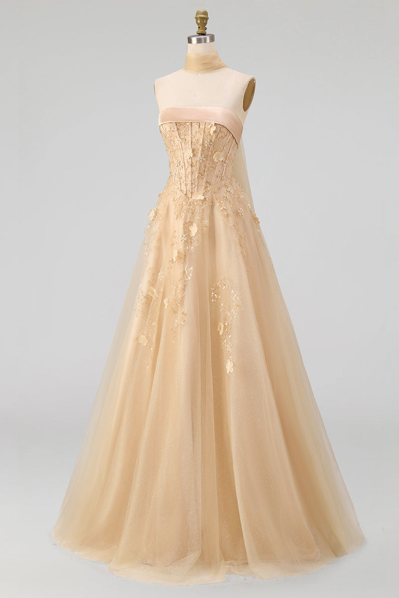 Load image into Gallery viewer, Floral Strapless A Line Corset Blush Neck Scarf Long Prom Dress