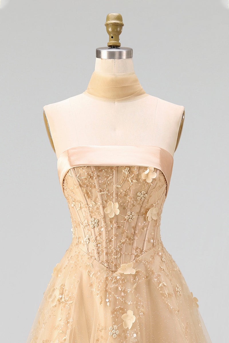 Load image into Gallery viewer, Floral Strapless A Line Corset Blush Neck Scarf Long Prom Dress