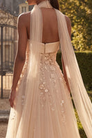 Load image into Gallery viewer, Floral Strapless A Line Corset Blush Neck Scarf Long Prom Dress