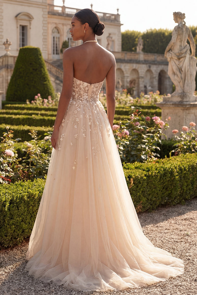 Load image into Gallery viewer, Blush A Line Corset Floral Halter Long Prom Dress with Slit