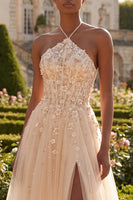 Load image into Gallery viewer, Blush A Line Corset Floral Halter Long Prom Dress with Slit