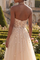 Load image into Gallery viewer, Blush A Line Corset Floral Halter Long Prom Dress with Slit