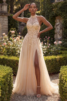Load image into Gallery viewer, High Neck Corset Floral A Line Blush Long Prom Dress with Slit