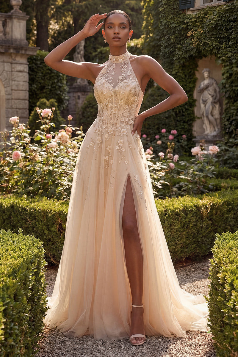 Load image into Gallery viewer, High Neck Corset Floral A Line Blush Long Prom Dress with Slit