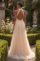Load image into Gallery viewer, High Neck Corset Floral A Line Blush Long Prom Dress with Slit