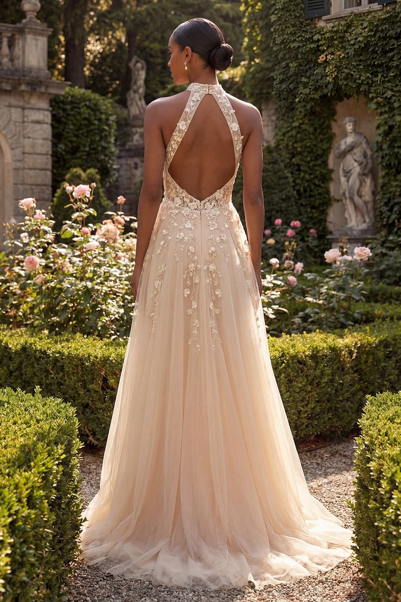 Load image into Gallery viewer, High Neck Corset Floral A Line Blush Long Prom Dress with Slit
