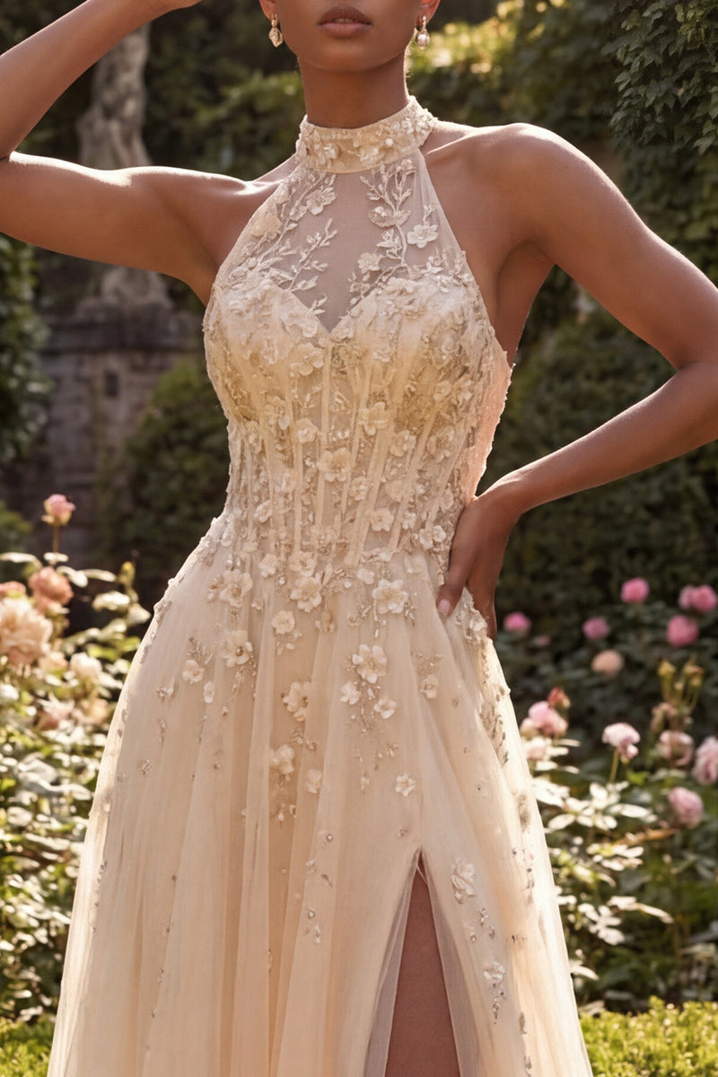 Load image into Gallery viewer, High Neck Corset Floral A Line Blush Long Prom Dress with Slit