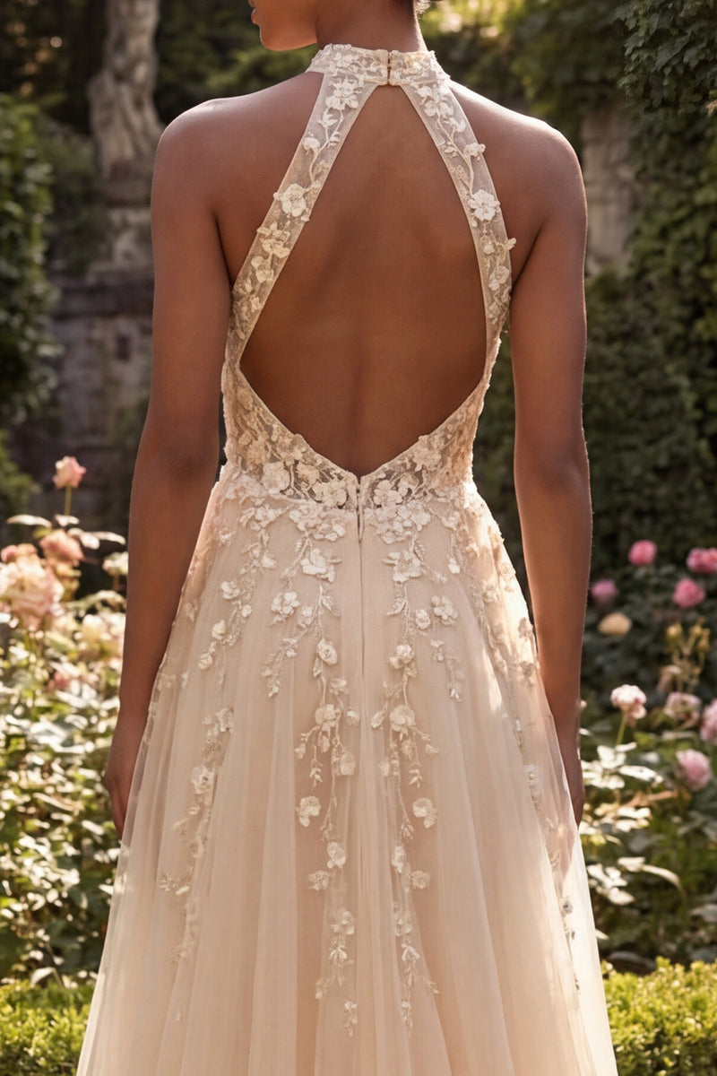 Load image into Gallery viewer, High Neck Corset Floral A Line Blush Long Prom Dress with Slit