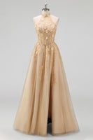 Load image into Gallery viewer, High Neck Corset Floral A Line Blush Long Prom Dress with Slit