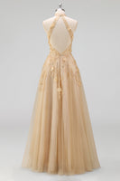 Load image into Gallery viewer, High Neck Corset Floral A Line Blush Long Prom Dress with Slit