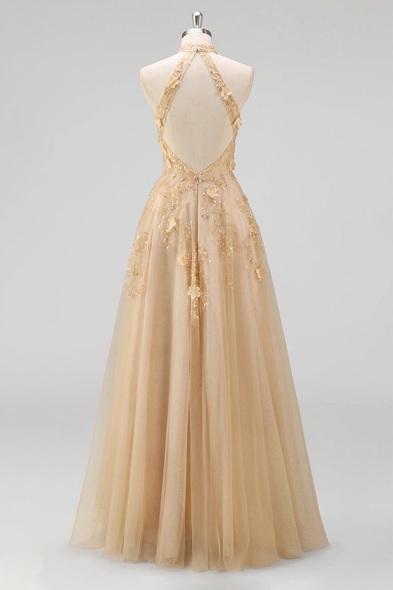 Load image into Gallery viewer, High Neck Corset Floral A Line Blush Long Prom Dress with Slit