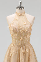 Load image into Gallery viewer, High Neck Corset Floral A Line Blush Long Prom Dress with Slit
