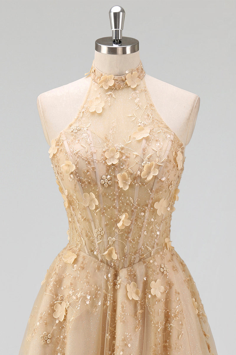 Load image into Gallery viewer, High Neck Corset Floral A Line Blush Long Prom Dress with Slit