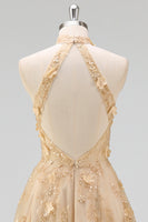 Load image into Gallery viewer, High Neck Corset Floral A Line Blush Long Prom Dress with Slit