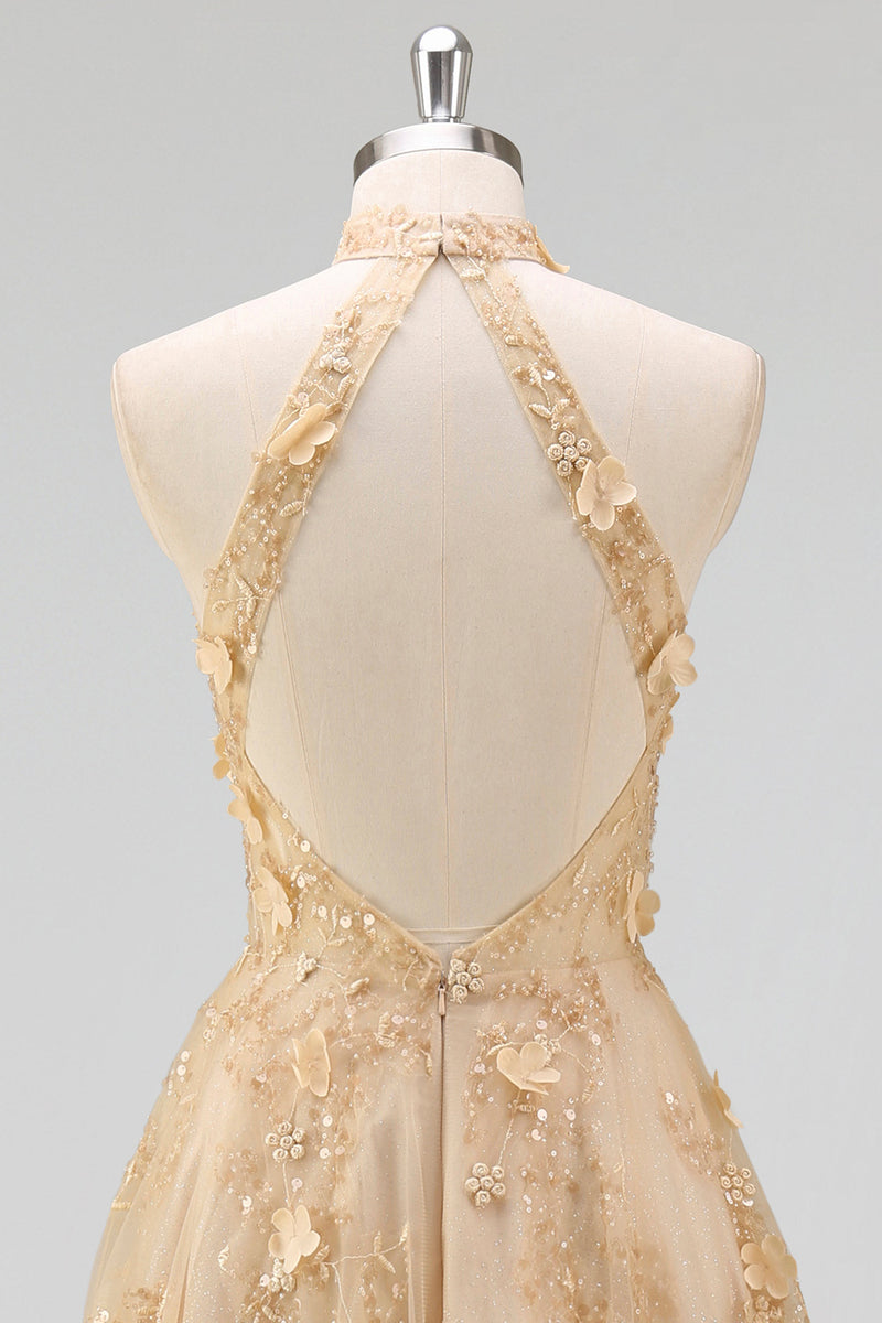 Load image into Gallery viewer, High Neck Corset Floral A Line Blush Long Prom Dress with Slit