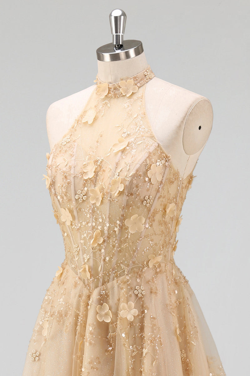 Load image into Gallery viewer, High Neck Corset Floral A Line Blush Long Prom Dress with Slit