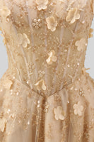 Load image into Gallery viewer, High Neck Corset Floral A Line Blush Long Prom Dress with Slit