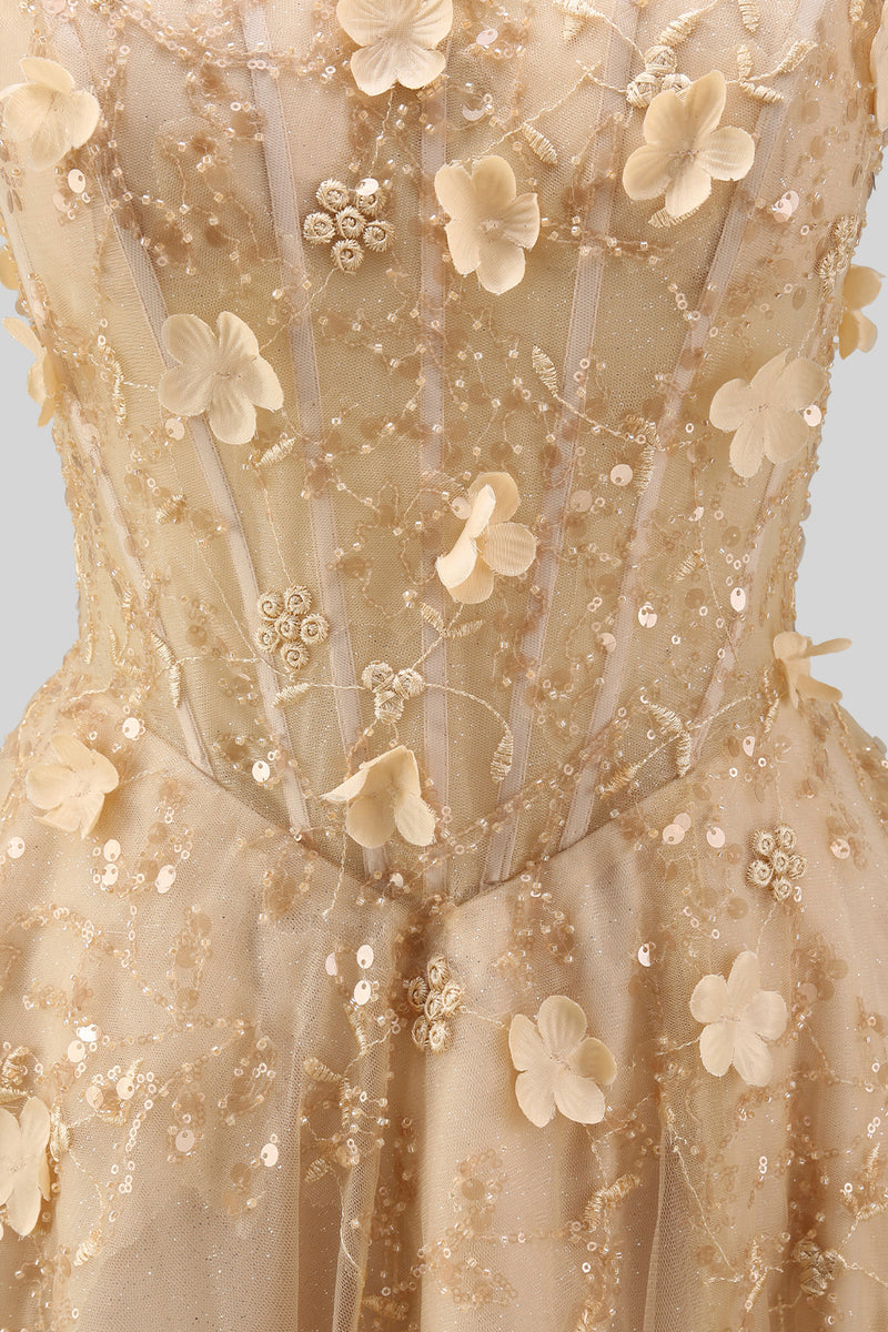 Load image into Gallery viewer, High Neck Corset Floral A Line Blush Long Prom Dress with Slit