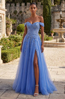 Load image into Gallery viewer, Sparkly Blue A Line Floral Glitter Corset Beaded Long Prom Dress with Slit