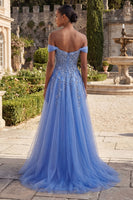 Load image into Gallery viewer, Sparkly Blue A Line Floral Glitter Corset Beaded Long Prom Dress with Slit