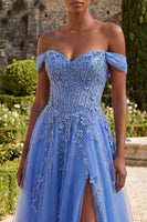 Load image into Gallery viewer, Sparkly Blue A Line Floral Glitter Corset Beaded Long Prom Dress with Slit