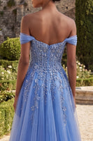Load image into Gallery viewer, Sparkly Blue A Line Floral Glitter Corset Beaded Long Prom Dress with Slit