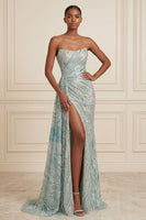 Load image into Gallery viewer, Sparkly Blue Mermaid Beaded Strapless Long Prom Dress with Side Cape