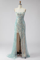 Load image into Gallery viewer, Sparkly Blue Mermaid Beaded Strapless Long Prom Dress with Side Cape