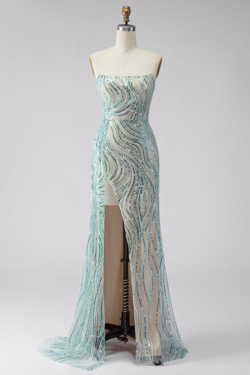 Load image into Gallery viewer, Sparkly Blue Mermaid Beaded Strapless Long Prom Dress with Side Cape