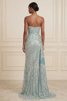 Load image into Gallery viewer, Sparkly Blue Mermaid Beaded Strapless Long Prom Dress with Side Cape