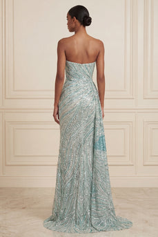 Sparkly Blue Mermaid Beaded Strapless Long Prom Dress with Side Cape