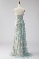 Load image into Gallery viewer, Sparkly Blue Mermaid Beaded Strapless Long Prom Dress with Side Cape