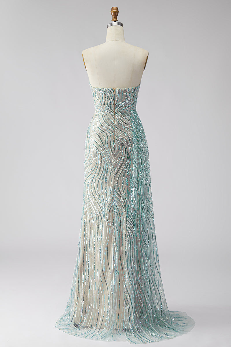Load image into Gallery viewer, Sparkly Blue Mermaid Beaded Strapless Long Prom Dress with Side Cape