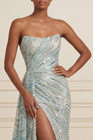 Load image into Gallery viewer, Sparkly Blue Mermaid Beaded Strapless Long Prom Dress with Side Cape