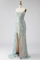 Load image into Gallery viewer, Sparkly Blue Mermaid Beaded Strapless Long Prom Dress with Side Cape