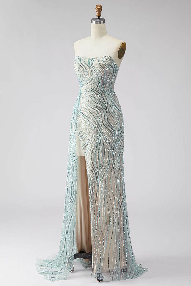 Load image into Gallery viewer, Sparkly Blue Mermaid Beaded Strapless Long Prom Dress with Side Cape