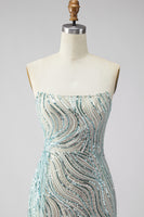Load image into Gallery viewer, Sparkly Blue Mermaid Beaded Strapless Long Prom Dress with Side Cape