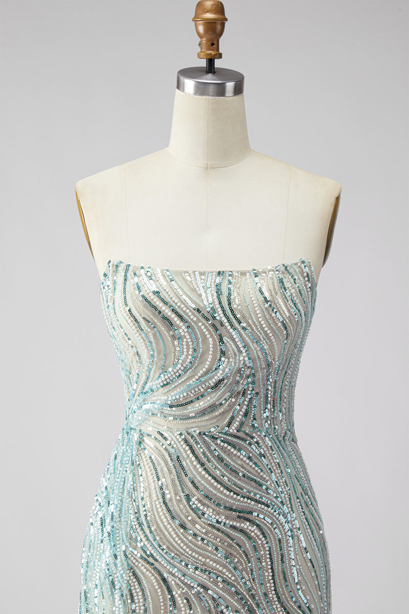 Load image into Gallery viewer, Sparkly Blue Mermaid Beaded Strapless Long Prom Dress with Side Cape