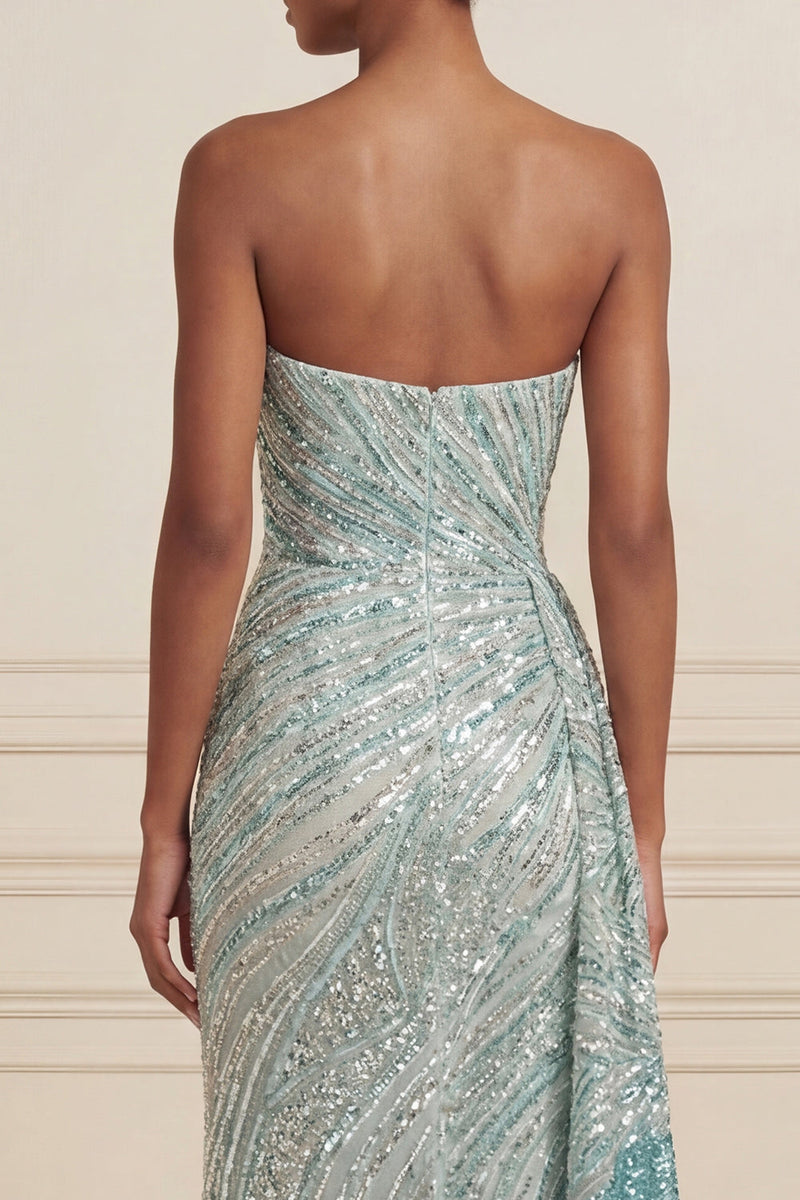 Load image into Gallery viewer, Sparkly Blue Mermaid Beaded Strapless Long Prom Dress with Side Cape