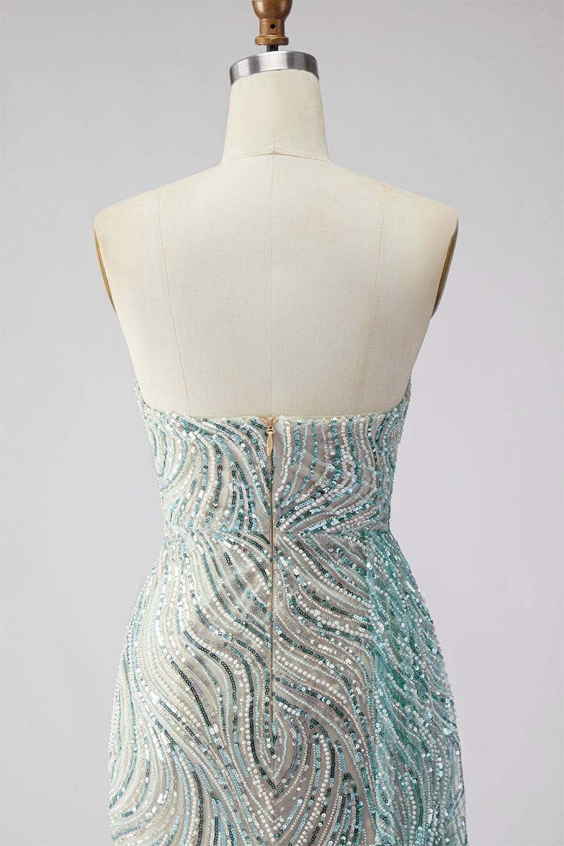 Load image into Gallery viewer, Sparkly Blue Mermaid Beaded Strapless Long Prom Dress with Side Cape