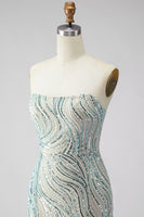 Load image into Gallery viewer, Sparkly Blue Mermaid Beaded Strapless Long Prom Dress with Side Cape