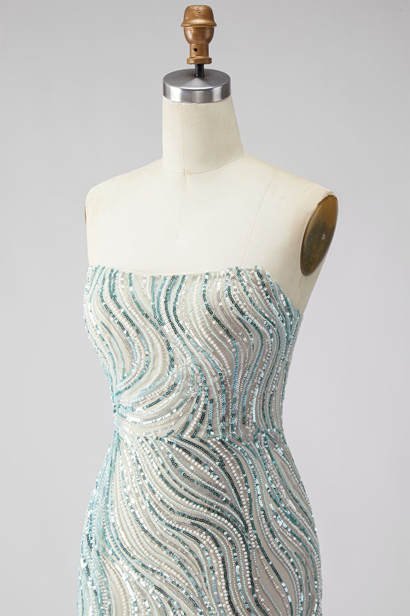 Load image into Gallery viewer, Sparkly Blue Mermaid Beaded Strapless Long Prom Dress with Side Cape