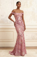 Load image into Gallery viewer, Sparkly Pink Long Mermaid Off the Shoulder Beaded Prom Dress