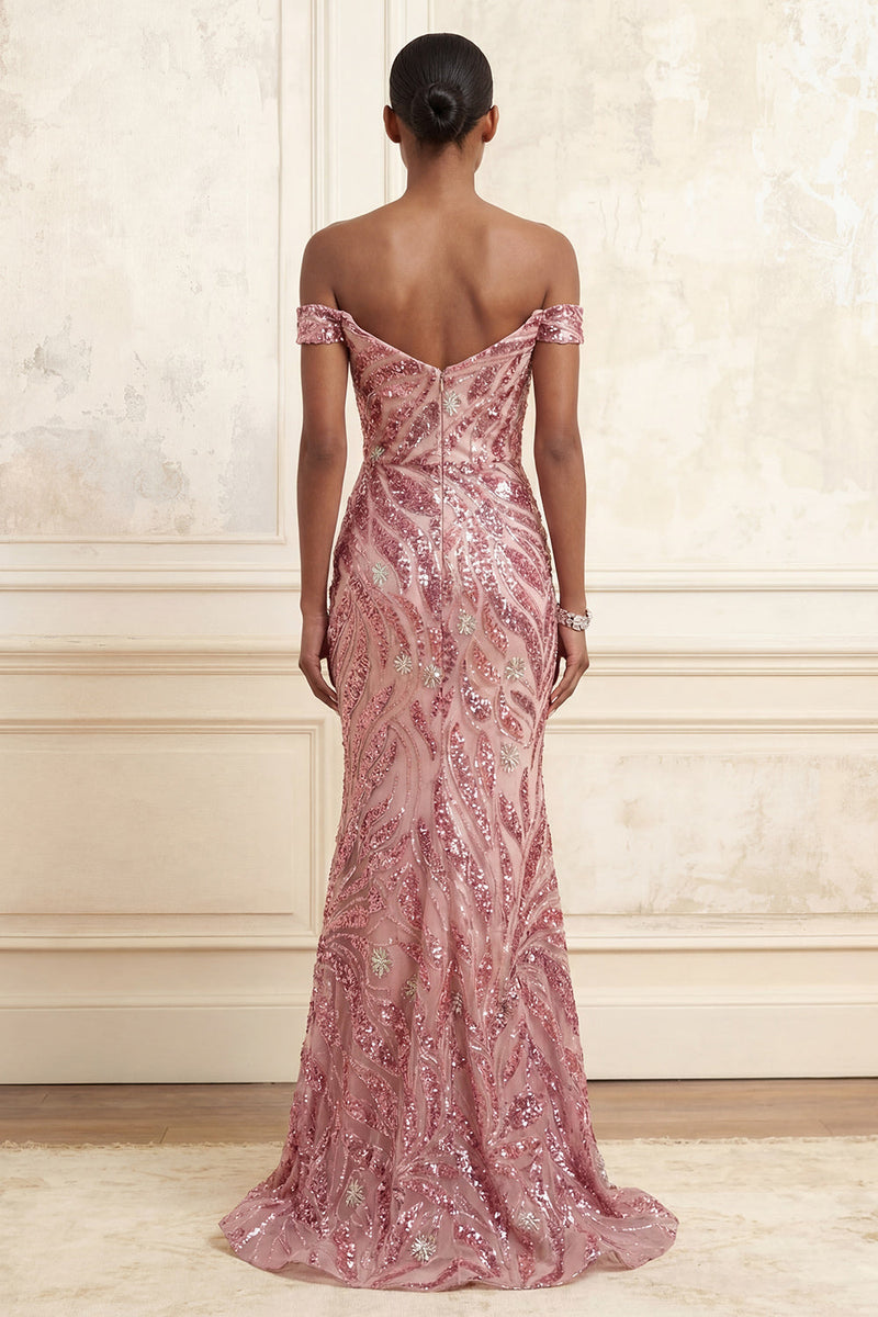 Load image into Gallery viewer, Sparkly Pink Long Mermaid Off the Shoulder Beaded Prom Dress